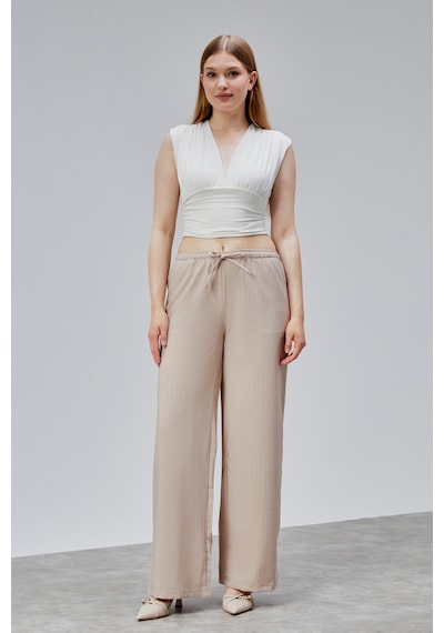 Genius Store Kadın Pantolon Geniş Paça Yüksel Bel Cepli Çizgili Pantolon Çizgili-pantolon Bej