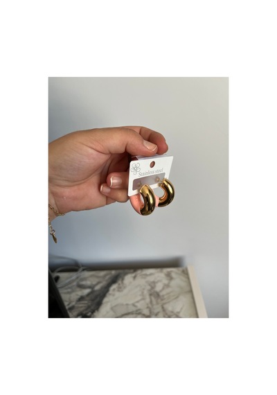 Gold Ve Pembe Mineli Yarım Halka Küpe - Modern Tasarım Pembe