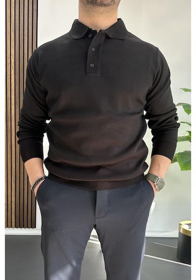 Edwox Erkek Düğmeli Polo Yaka Kazak Siyah Edw231 Siyah