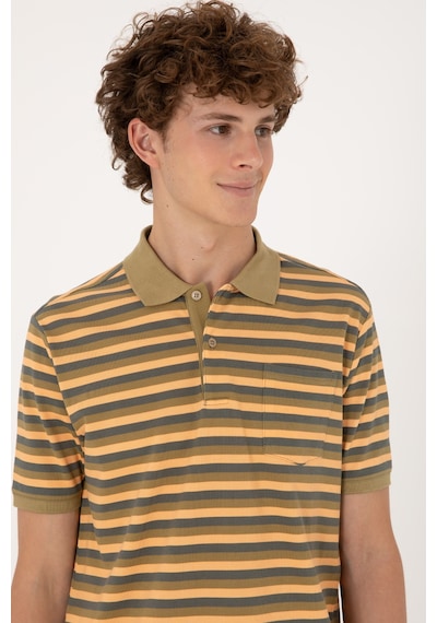 U.S. Polo Assn. Erkek Regular Fit Haki Polo Yaka Çizgili Tişört 50306794-VR027