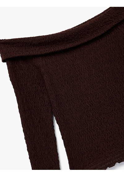 Koton Slim Fit Dokulu Omzu Açık Uzun Kollu Tişört Kahverengi 6wal10287ık Kahve
