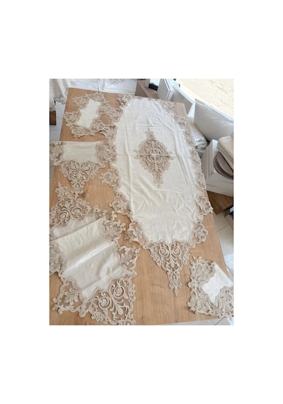 Salon Takımı Çeyizlik Krem Runner Set 5 Parça Kadife Masa Örtüsü Runneri Eva Bzckh1952 Çok Renkli