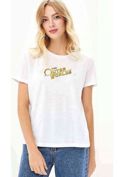 The Outer Worlds Logo Baskılı Beyaz Kadın Tshirt