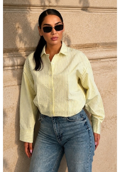 Madmext Sarı Çizgili Oversize Kadın Gömlek Mg2732