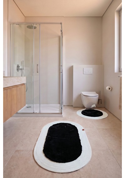 Banyo Paspası Takımı 60x100+60x60 Cm Düz Siyah & Gümüş