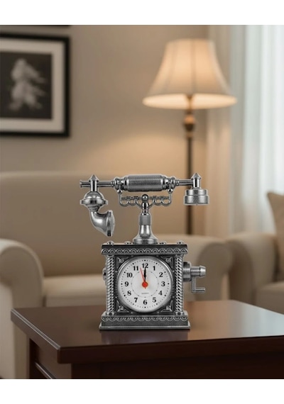 Nostaljik Telefon Tasarımlı Masa Saati Yüksek Sesli Alarm Antrasit Melanj