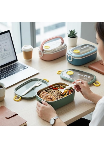 Paslanmaz Çelik Yemek Kabı 750 Ml, Çatal Kaşık Dahil, Kilitli Kapaklı Lunch Box, Yemek Taşıma Ve Saklama Kabı, 21x12x7,50 Cm, Yeşil/pembe/mavi Çok Renkli