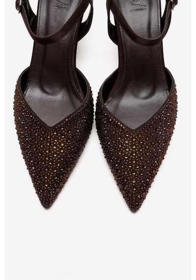 Luvishoes Vilka Kahverengi Saten Taşlı Kadın Sivri Burun İnce Topuklu Abiye Ayakkabı