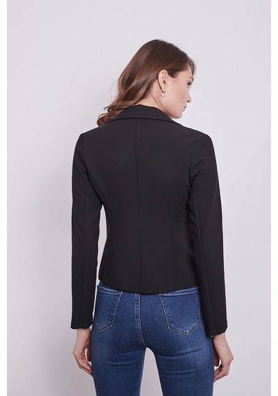 Yakalı Flato Cepli Uzun Kol Pamuklu Kumaş Kısa Blazer Ofis Ceket-siyah Siyah