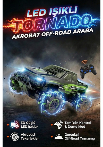 Tornado Uzaktan Kumandalı Işıklı Drift Arabası 4x4 Akrobat Off-road Jeep 2.4ghz Şarjlı Araba Çok Renkli