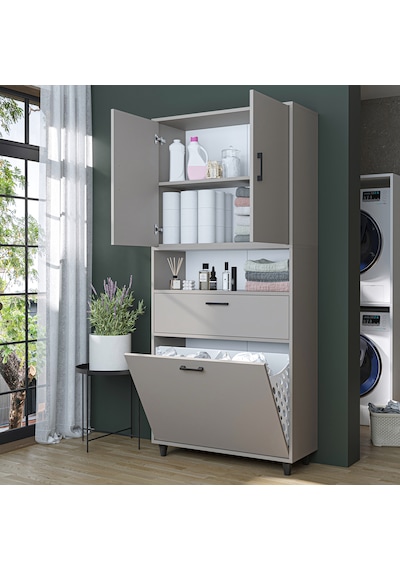 Çamaşır Sepetli Banyo Dolabı, Çok Amaçlı Çekmeceli Dolap 90 X 200 Cm Kumtaşı
