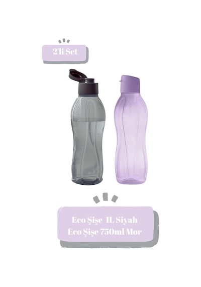 Tupperware Eco Şişe Kolay Kapak 1 L Siyah Ve 750 Ml Mor Suluk Matara Çevre Dostu 2'li Set Siyah