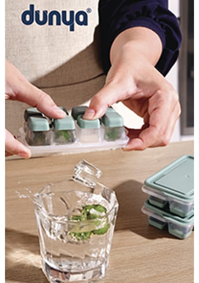 Mini Kapaklı Silikon Buz Kalıbı, Bas - Çıkar Üçlü Set Bej