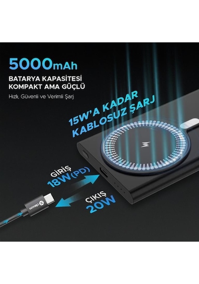 Dexim A16 5000mah Alüminyum Magsafe Taşınabilir Şarj Cihazı Siyah - Dca0064