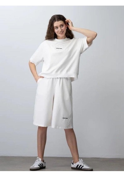 Zekids Kız Çocuk Pamuklu Tasarım Oversize T-shirt Şortlu Takım-15782 Ekru