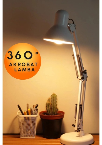 Beyaz Akrobat Masa Lambası Yaylı Metal 360 Derece Hareketli Ayarlanabilir Çalışma Masası Lambası Ofis Çizim Mimari Tasarım Okuma Lambası Mengeneli Masaüstü Gece Lambası E27 Duy Ev Ofis Aydınlatma Beyaz Beyaz