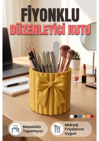 Fiyonklu Çizgili Düzenleyici Kutu Masaüstü Kalemlik Makyaj Fırçalık Sarı