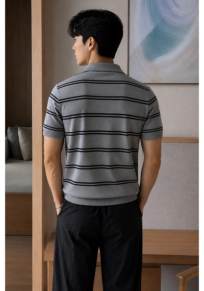 Tarz Cool Erkek Çizgili Polo Yaka Viskon Triko Tişört Slim Fit Yazlık Şık Triko Polo Gri