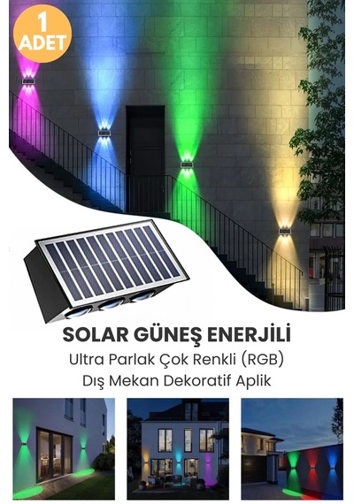 Trendpoint 1adet Solar Çift Taraflı 6ledli Aplik Rgb Işık Duvar Lamba Bahçe Aydınlatma Güneşle Şarj
