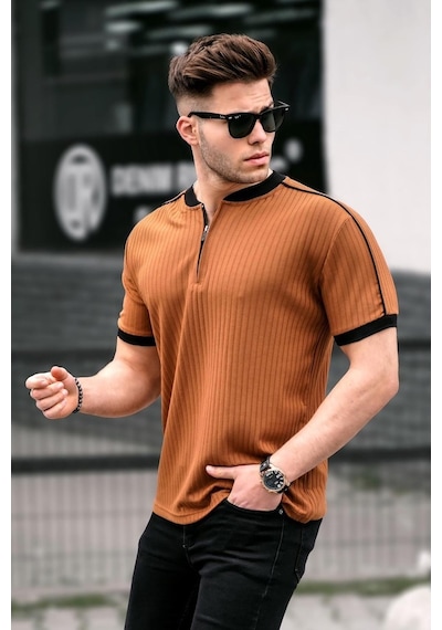 Madmext Camel Fermuar Yaka Erkek Penye Tişört-Camel