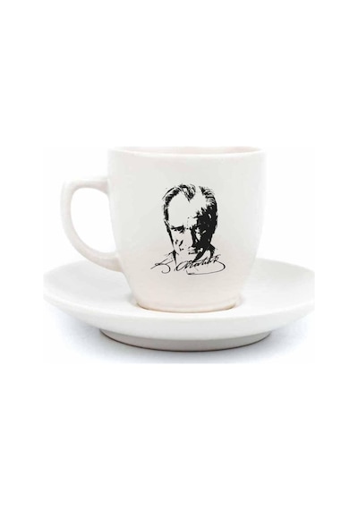 Atatürk Portre Krem Türk Kahvesi Fincanı - Hediye Seramik Türk Kahvesi Fincanı Açık Ahşap