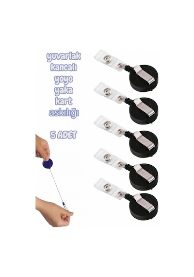 Yuvarlak Kancalı Yoyo Yaka Kart Askılığı Siyah 5 Adet
