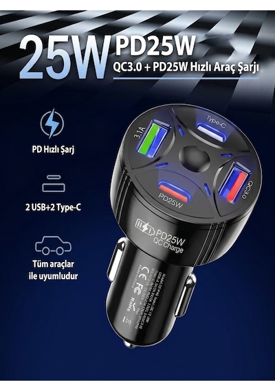 Super Şarj 4 Port Pd25w, Qc3.0, Araç Şarjı Çakmaklık, 2x Usb 2x Type-c, Çoklayıcı, 12-24v, 5v/6a Max