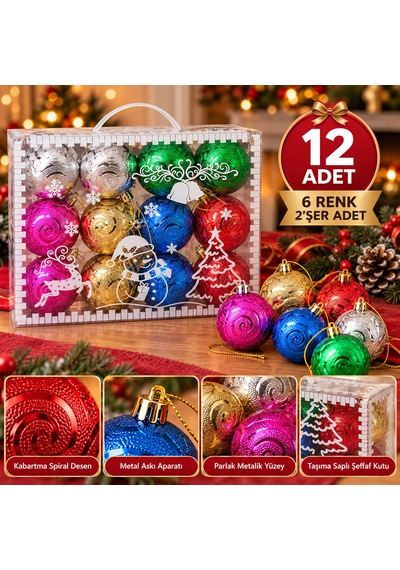Bakgelal 12 Adet Lüks Yılbaşı Ağaç Süsü Seti - 6 Renk 6 Cm Kabartma Spiral Desenli Çam Ağacı Topları - 9083781653185 Diğer