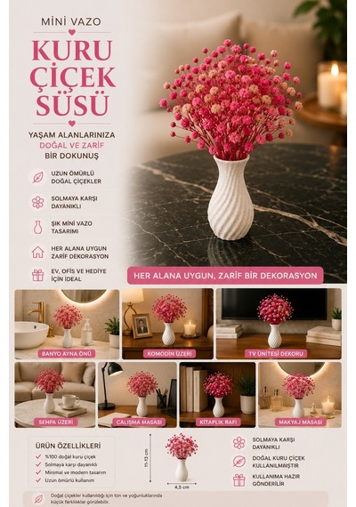 3'lü Mini Vazo Kuru Şoklanmış Çiçek Seti Dekoratif Masa Üstü Ve Ev Süsü Pembe