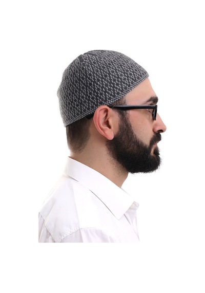 Açık Gri Kışlık Orlon Namaz Takkesi Baklava Desenli Takke Gri