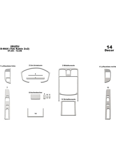 Isuzu D Max Tek Kabin 2x2 Konsol-torpido Kaplama 2005-2006 14 Parça-alüminyum Alüminyum