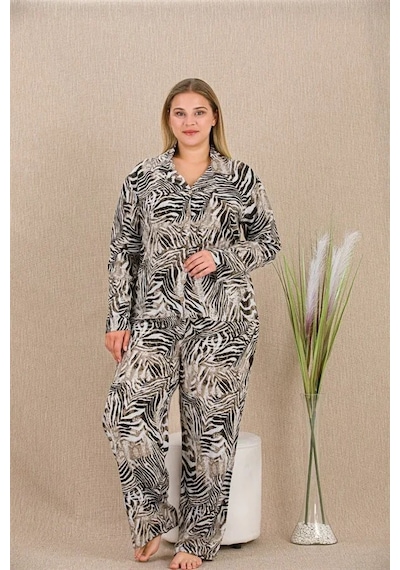 Angbutik Büyük Beden Çizgili Düğmeli Uzun Kol Viskon Pijama Takımı Görsel