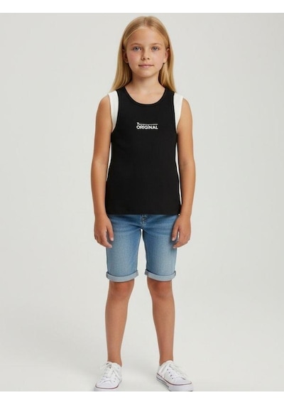 Kız Cocuk Pamuklu Fitiili Crop Bluz-16763 Siyah Beyaz