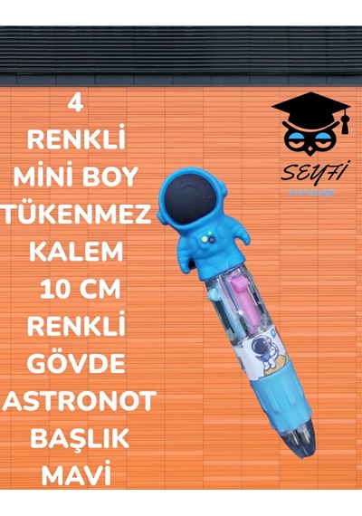 4 Renkli Mini Boy Tükenmez Kalem 10 Cm Renkli Gövde Astronot Başlık Mavi