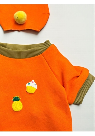 Kemique Pineapple And Ice Cream Turuncu Haki Kedi Polar Sweatshirt Ve Bere Takım Kedi Kıyafeti