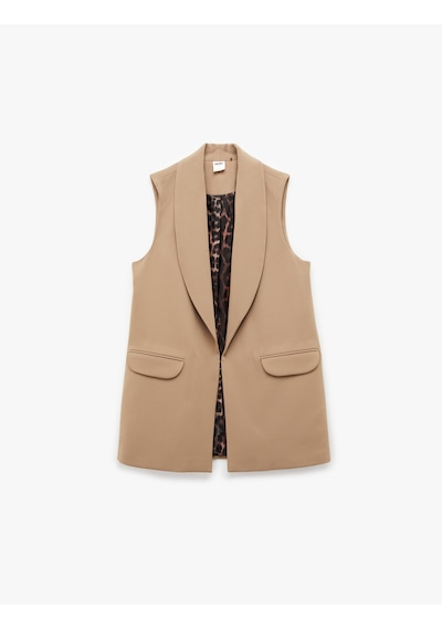Koton Astarı Leopar Desenli Cepli Uzun Blazer Yelek Vizon 6sak20050uw Vizon