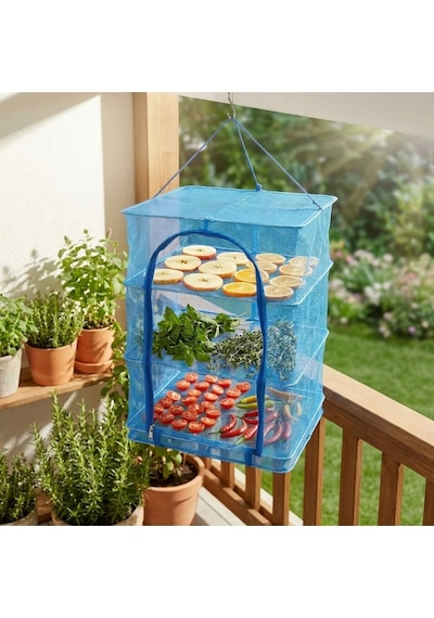 Buffer 3 Katlı Fermuarlı Sebze Meyve Kurutucu File 40x40 Cm Katlı Askılı Kurutma Filesi 52 Cm Uzunluk Mavi
