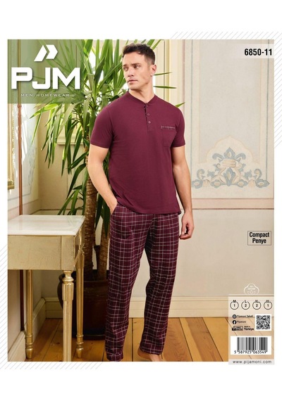 Pijamoni Erkek Düğme Yaka Kısa Kol Pijama Takımı 6850/11 - 1 Adet Mürdüm