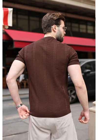 Kahverengi Bisiklet Yaka Slim Fit Triko Erkek Tişört E7466