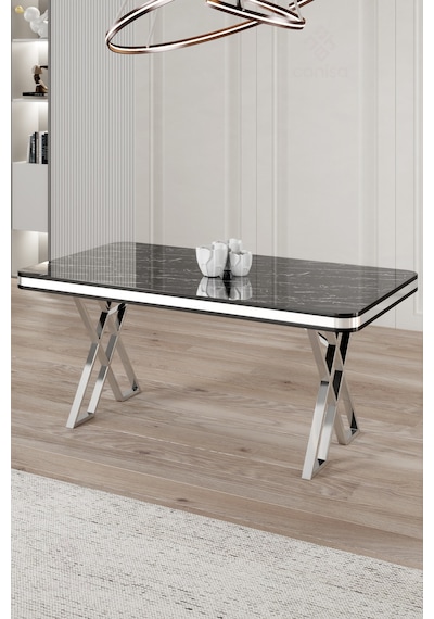Canisa Raja Serisi 80x130 Lak Panel Siyah Mermer Desen Masa Takımı Krom Ayaklı 4 Sandalye Canisa Raja Serisi 80x130 Lak Panel Siyah Mermer Desen Masa Takımı Krom Ayaklı 4 Sandalye