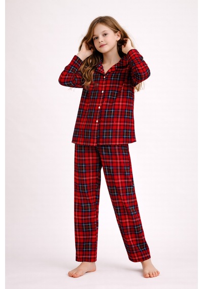 Free Beka Kırmızı Ekose Desenli Uzun Kollu Gömlek Yaka Düğmeli Kız Çocuk Pijama Takımı Free Beka Kırmızı Ekose Desenli Uzun Kollu Gömlek Yaka Düğmeli Kız Çocuk Pijama Takımı