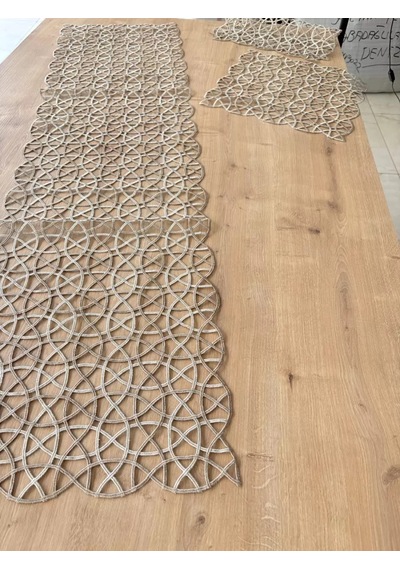 Salon Takımı Angles Çeyizlik Krem Kapi Runner Set 5 Parça İşlemeli Ranır Masa Sehpa Konsol Örtüsü Sarı
