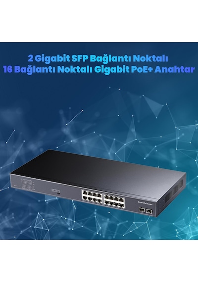 Cudy GS1020PS2 16 Port Gigabit 200 W 250m Poe+ Gigabit SFP CCTV Vlan Metal Switch
