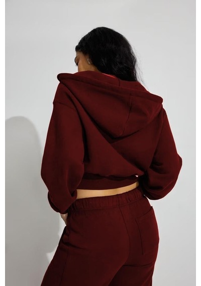 Bordo Crop Kapşonlu Fermuarlı Kadın Sweatshirt Mg2608 Bordo
