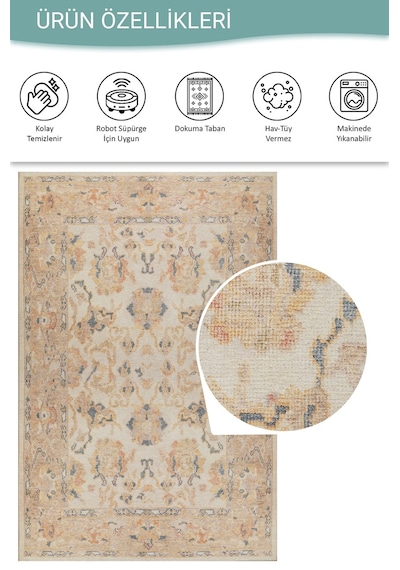 Relic Krem / Sarı Vintage Dokulu Klasik Desenli Dokuma Tabanlı Şönil Halı Al 496 Krem - Sarı
