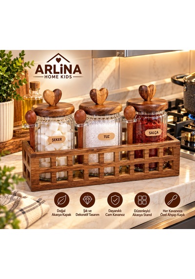 3 Lü 760 Ml Cam Kavanoz & Akasya Stand Seti Cam - Şeffaf