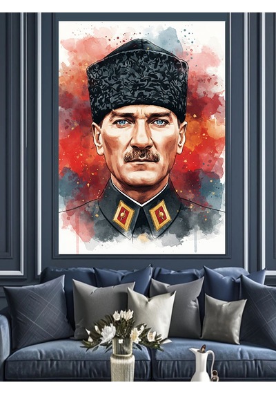 Karizma Tablo Kalpaklı Atatürk Portre Dekoratif Kanvas - Mdf Ahşap Tablo