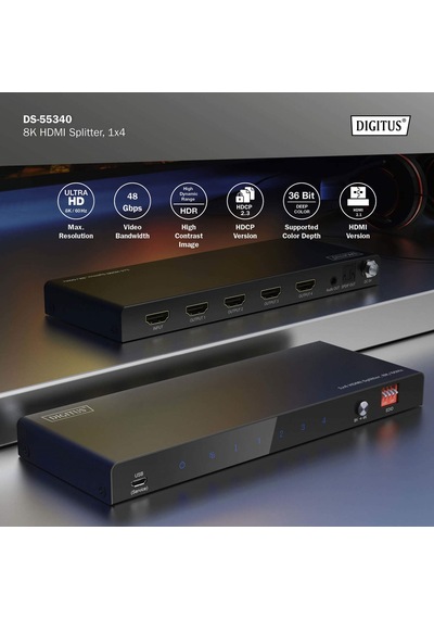 Digitus 1x4 Hdmı Splitters Ayırıcı, 8k/60hz 4:4:4 , Toslink, Stereo, Edıd Kontrolü