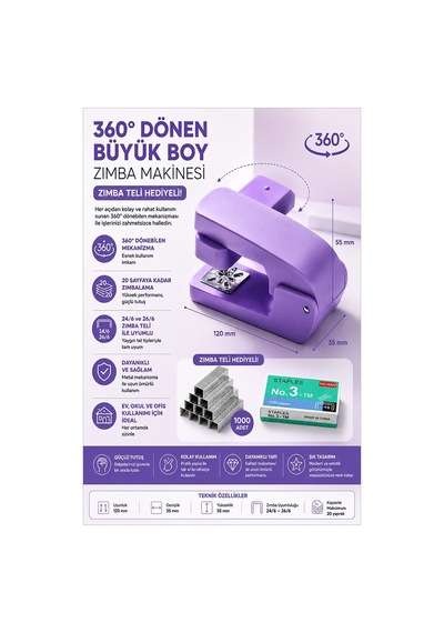 Lila Zımba Makinesi 24/6 1 Adet Fixpoint P-4550 Pastel Renkler Büyük Zımba Makinası Ve Teli 20 25 Sayfa Dereceli Ofis