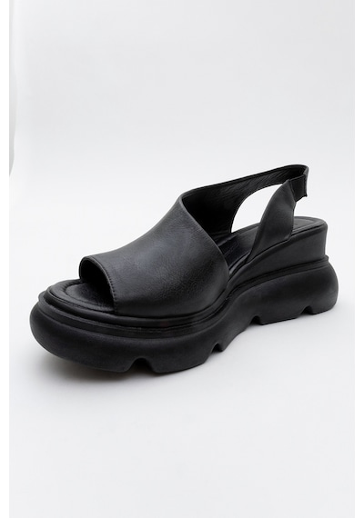 Luvishoes Agusto Siyah Cilt Hakiki Deri Kadın Dolgu Topuk Sandalet Siyah Deri